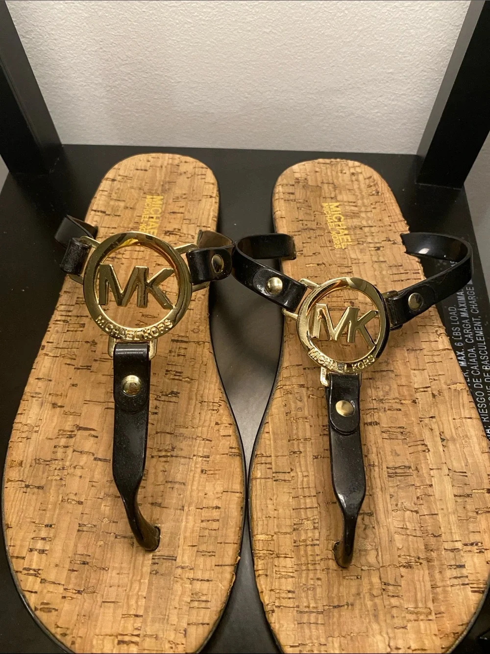 Michael Kors Black and Gold Logo Cork Footbed Thong Sandals